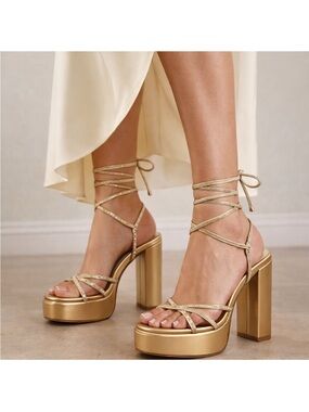 Metallic Gold Platform Sandals with Crystal Straps